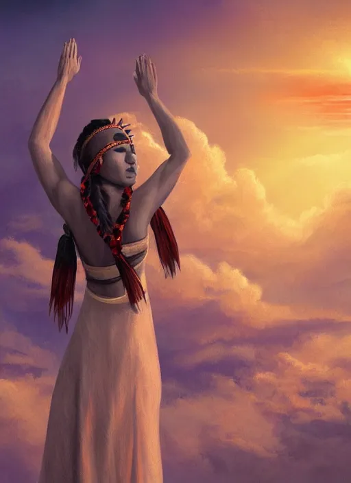 Image similar to indigenous woman starring at the sky, with arms up, praying at the sun, matte painting, fantasy art
