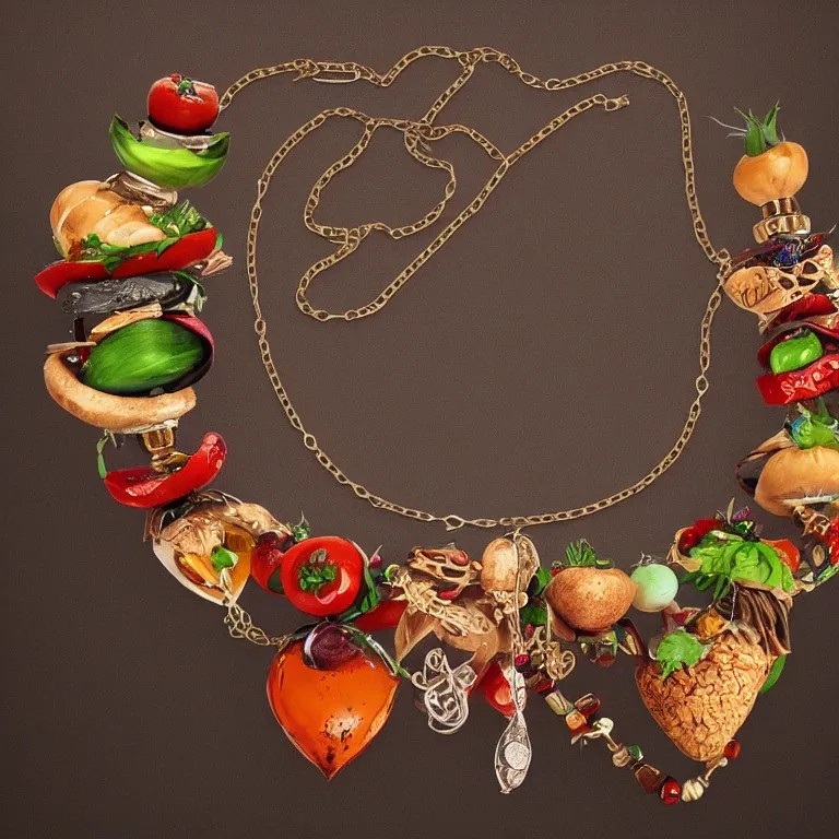 Prompt: food necklace, food jewelry, detailed, high quality, 8 k resolution, trending on artstation