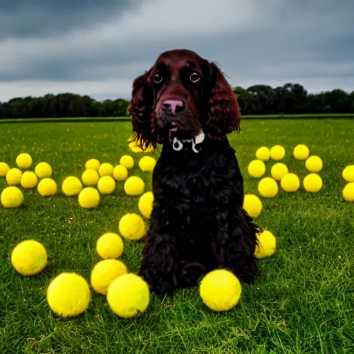 Prompt: a photo of an english cocker spaniel in a field with millions of yellow tennis balls
