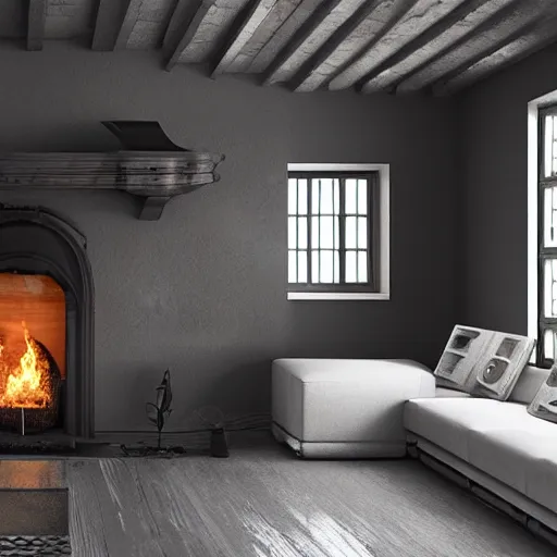 Prompt: photorealistic interior rendering of a hebridean black house, fire, old architecture, traditional
