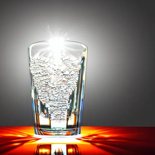 Prompt: 3D Rendering of a Glass filled with water, Rays of colorful light shining through the glass, photorealistic, detailed