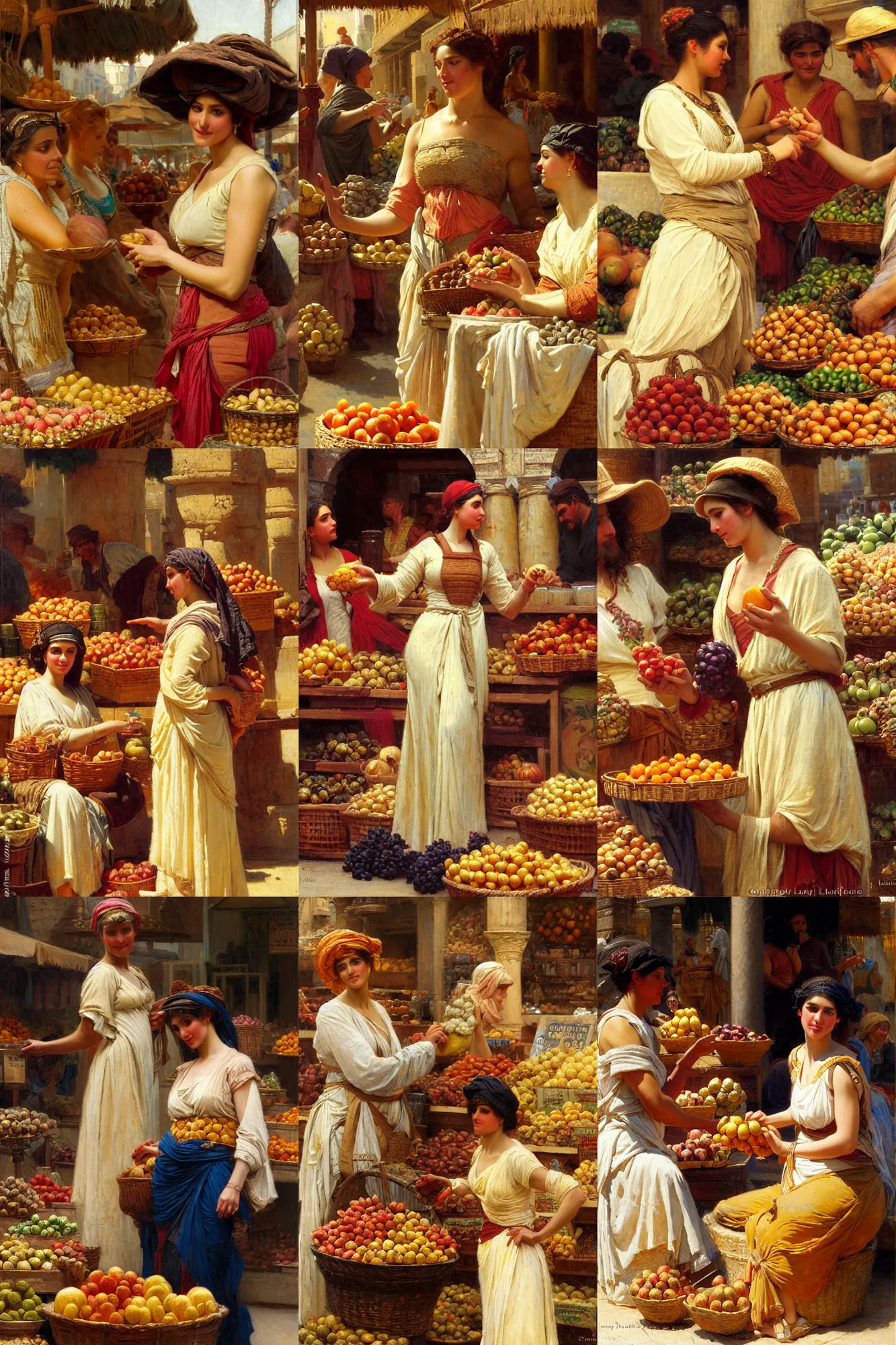 Prompt: a detailed portrait of a woman at an ancient greek marketplace buying fruit from a merchant, painting by gaston bussiere, craig mullins, j. c. leyendecker