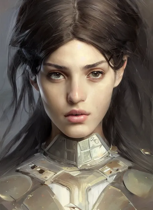 Image similar to a professional painting of a beautiful young female, clothed in military armor, olive skin, long dark hair, beautiful bone structure, symmetrical facial features, intricate, elegant, digital painting, concept art, smooth, sharp focus, illustration, from Metal Gear, by Ruan Jia and Mandy Jurgens and Artgerm and William-Adolphe Bouguerea