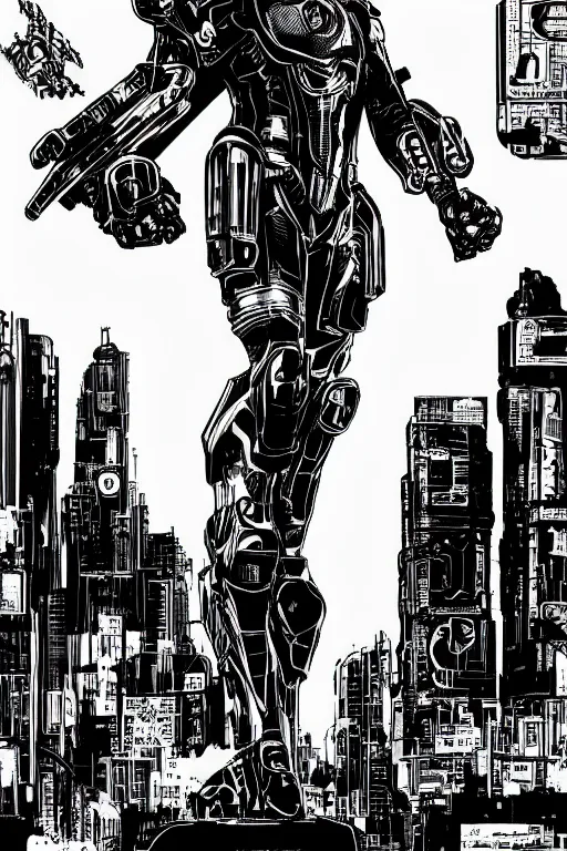 Image similar to ultron standing heroically, a page from cyberpunk 2 0 2 0, style of paolo parente, style of mike jackson, 1 9 9 0 s comic book style, white background, ink drawing, black and white