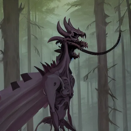 Image similar to concept art painting of an anthropomorphic dragon king with black robes, a long neck, and skull mask, in a deep forest, cel shaded, in the style of makoto shinkai and james gurney and studio ghibli and moebius