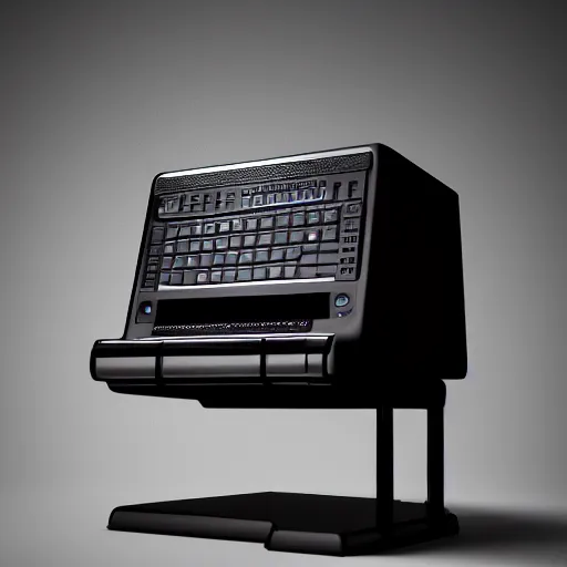 Image similar to a computer from the 8 0 s on a pedestal, 3 d render, octane ray tracing, ultra high detail, photorealistic high resolution, photorealistic, studio lighting, award winning render