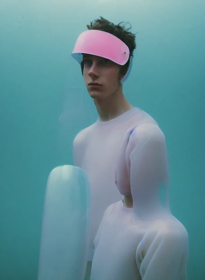 Prompt: high quality pastel coloured film portrait photograph of a beautiful young 2 0 year old male, soft features, short hair, wearing perspex space mask visor and oversized inflated clothing!! icelandic black rock pool environment. atmospheric three point light. photographic. art directed. ( pastel colours ). volumetric. clearcoat. waves. 8 k. filmic.