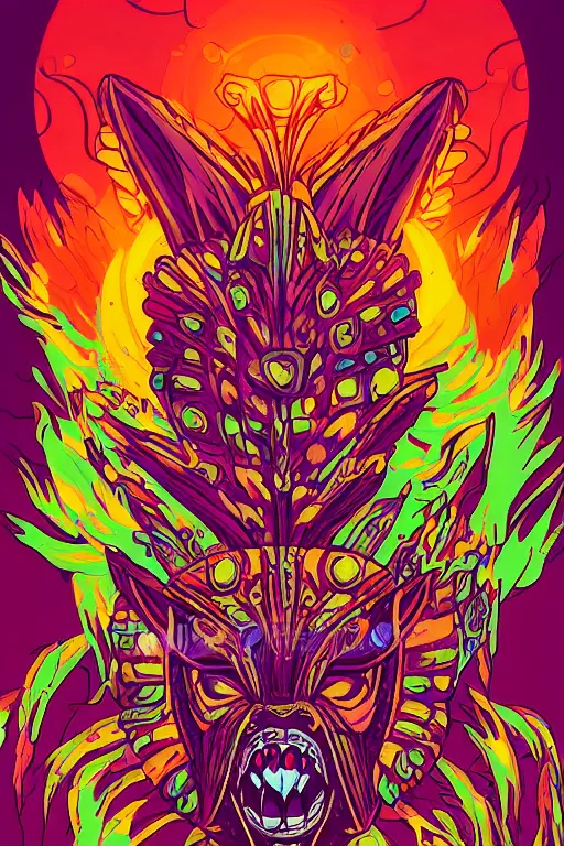 Image similar to totem animal mask tribal feather gemstone plant wood rock shaman vodoo video game vector illustration vivid multicolor borderlands comics by josan gonzales and dan mumford radiating a glowing aura