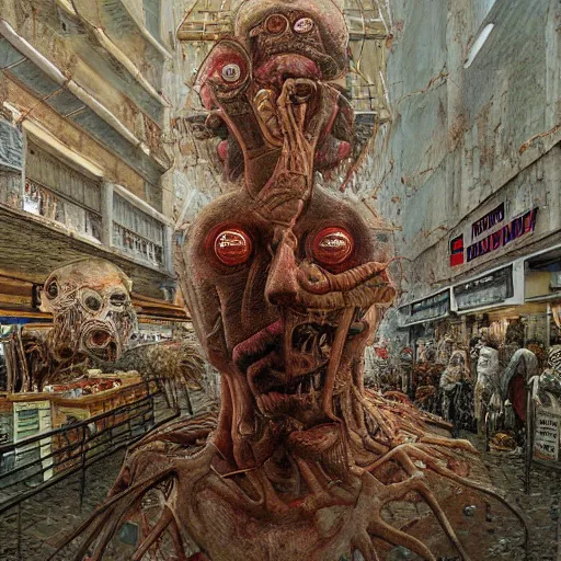 Image similar to paul blart as a mall made out of flesh, highly detailed, environment art, body horror, biopunk, by zdzisław beksinski, peter gric, marco mazzoni