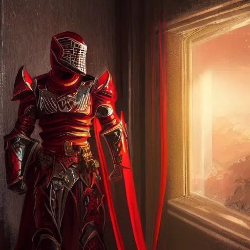 Image similar to evil knight, glowing halo, fantasy paladin, intricate red legendary armor, located in a castle, morning sunlight through the window, decorated, high quality, highly detailed, 4 k