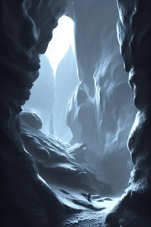 Image similar to futuristic atmosphere in the snowy mountains dolomites 3 d concept art, cinematic lighting, in the mouth of a cave, intricate details, building by zaha hadid, stormy weather, emissary space by arthur haas and bruce pennington and john schoenherr, cinematic matte painting, dark moody monochrome colors, trending on artstation, featured on behance