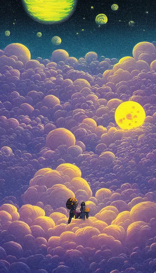 Prompt: harvest moon floating on cosmic cloudscape full of million fireflies, futurism, dan mumford, victo ngai, kilian eng, da vinci, josan gonzalez