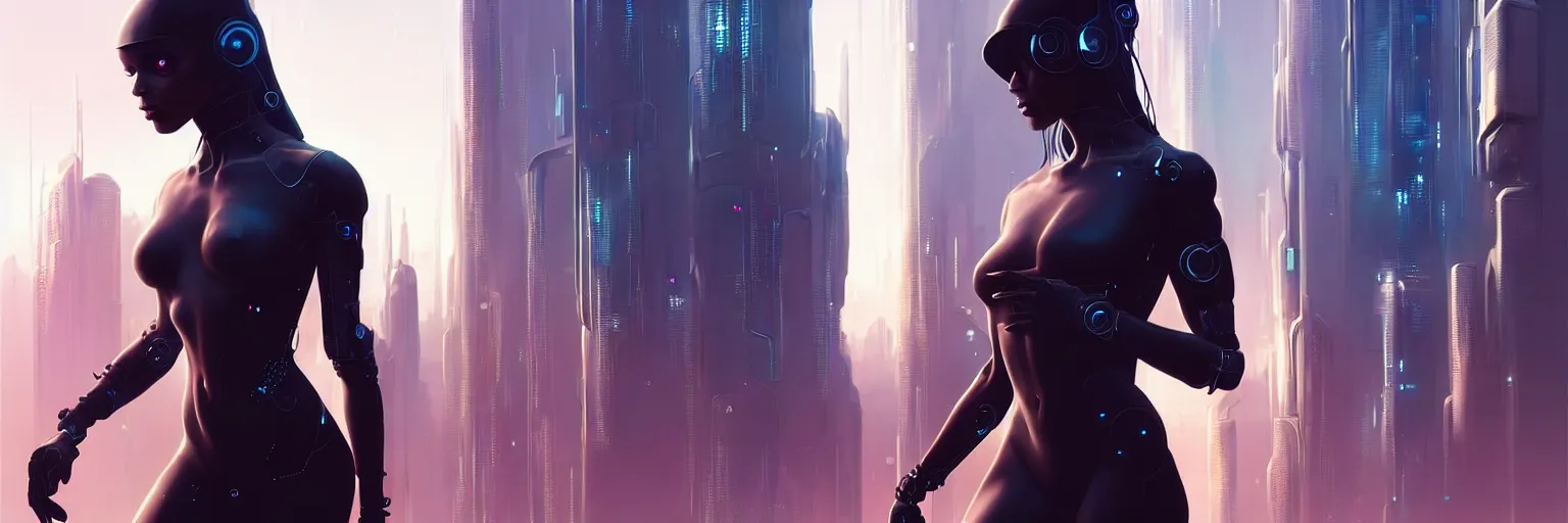 Prompt: focus on a lone female humanoid, half body cropping, outfocus background of a futuristic cyberpunk cityscape, elegant profile pose, perfect anatomy, bokeh, hyper photorealistic, crispy quality, digital photography, art by pascal blanche, art by artgerm, art by greg rutkowski,