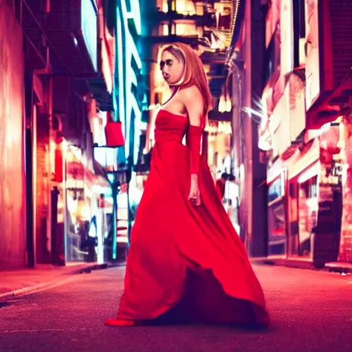 Prompt: a beautiful woman in a red dress standing on a bustling cyberpunk city street at night