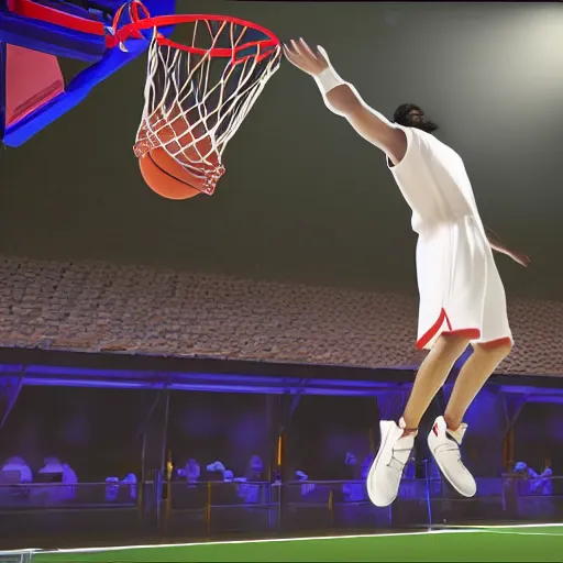 Image similar to Jesus dunks basketball into a net at a court, hd, 4k, realistic