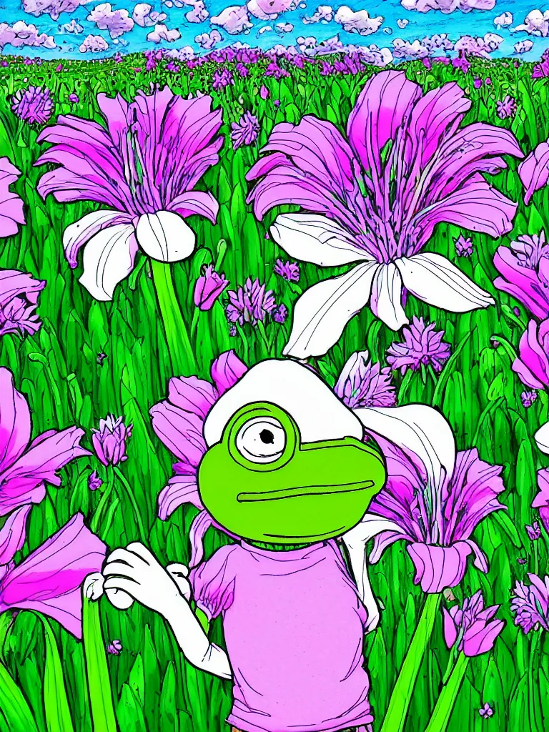 Prompt: resolution 4k wonder of biblically accurate pepe pepe frog love and family field of white Lilly's sky filled field with the eyes of god himself worlds of love and god made in abyss design Tony DiTerlizzi dream like storybooks rhymes pepe the frog happy alone in a field sitting wholesome soft and warm the value of love a clear prismatic pink sky, white Britch , unnerving , disheartening , otherworldly transfiguration through love, warm ,Luminism, prismatic , fractals , pepe the frog , art in the style of Tony DiTerlizzi , Francisco de Goya and Akihito Tsukushi and Gustave dore and Arnold Lobel