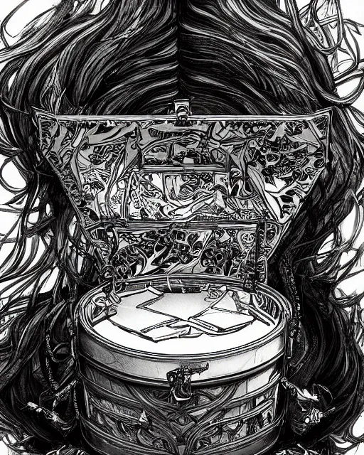 Image similar to a closed treasure chest, black and white, fantasy art, object art, in the style of masami kurumada, illustration, epic, fantasy, intricate, hyper detailed, artstation, concept art, smooth, sharp focus, ray tracing