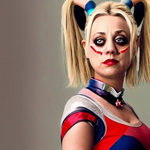 Image similar to A still of Kaley Cuoco as Harley Quinn