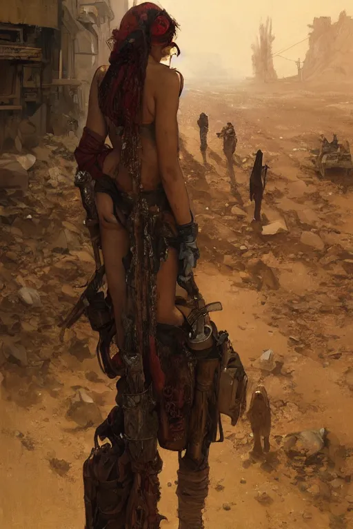 Image similar to a full body portrait of a beautiful post apocalyptic offworld miners quarter bedouin blind pulp fiction scarlet wild rogue barbarian leper begging by the roadside, intricate, elegant, highly detailed, digital painting, artstation, concept art, smooth, sharp focus, illustration, art by krenz cushart and artem demura and alphonse mucha