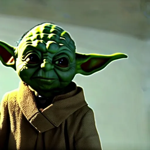 Image similar to mr. bean as yoda from star wars. movie still. cinematic lighting.