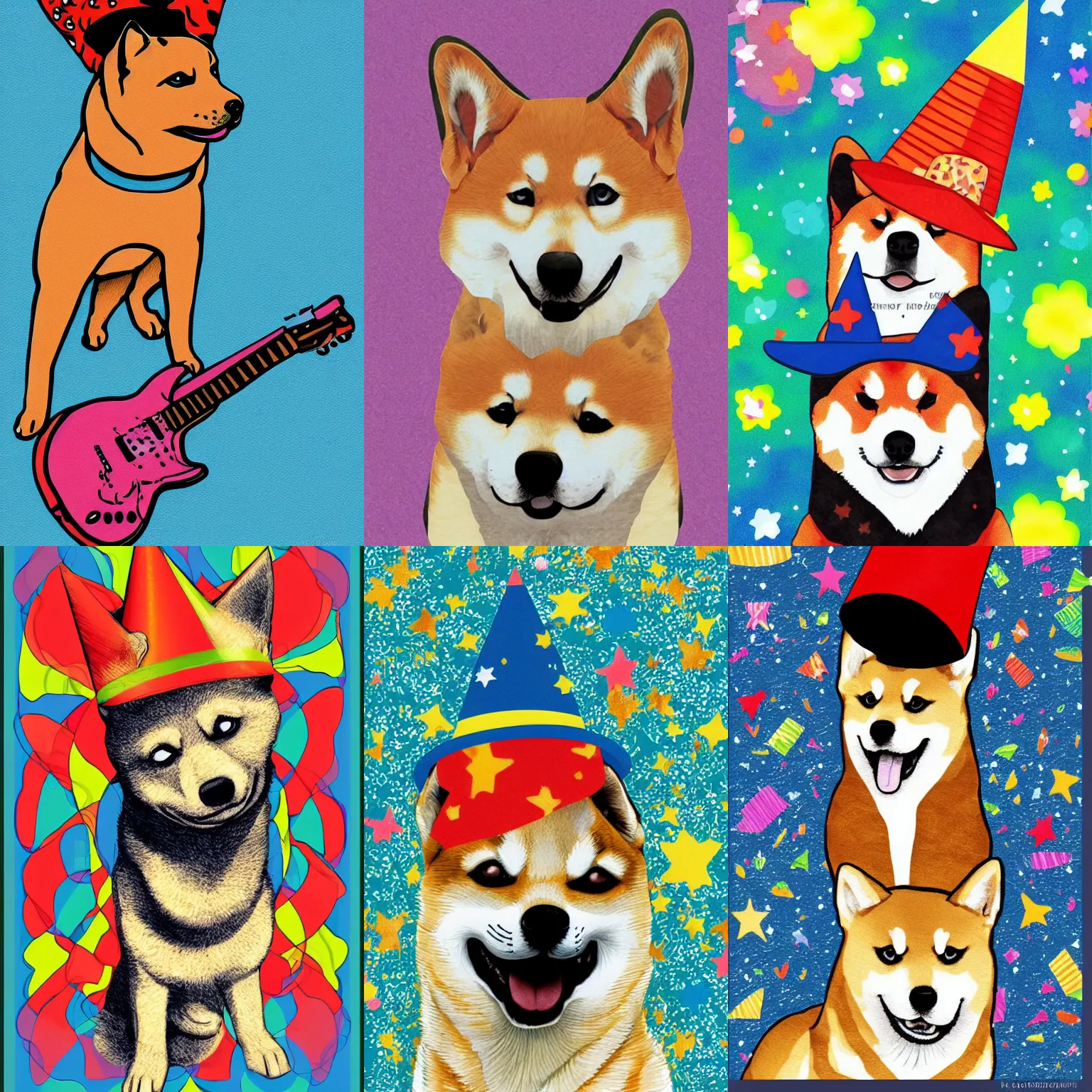 Prompt: Shiba Inu illustration wearing a party hat, in the style of a jimmy hendrix poster