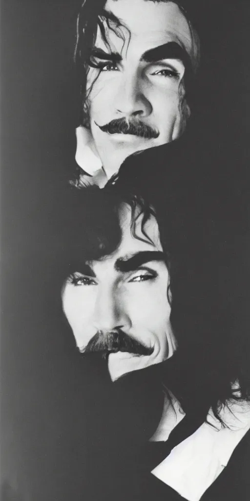 Prompt: a beautiful portrait photograph of burt reynolds dressed as dracula, for the highschool yearbook, soft focus, glam photo, soft lighting