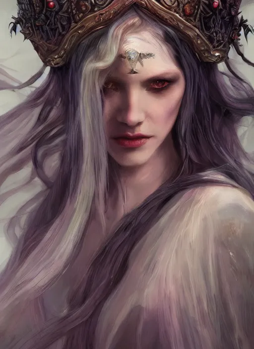 Prompt: pale, beautiful witch with long hair and a crown, fantasy, medieval, vivid colors, fantasy, elegant, concept art, sharp focus, beautiful face!!, digital art, Hyper-realistic, 4K, Unreal Engine, Highly Detailed, HD, Dramatic Lighting by Brom, trending on Artstation