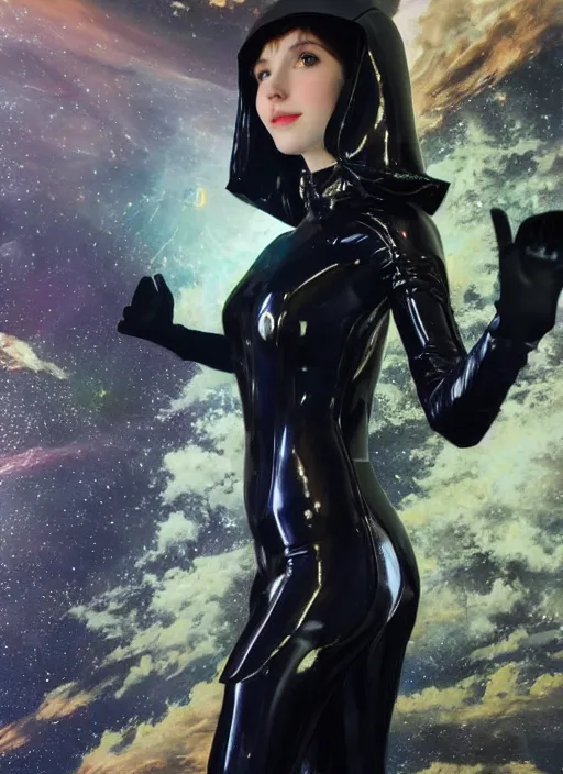 Prompt: Amouranth as a Celestial futuristic Goddess wearing luxurious black spacesuit by Frederick Edwin Church, rule of thirds, seductive look, beautiful, in Dotonbori Osaka during Sakura season