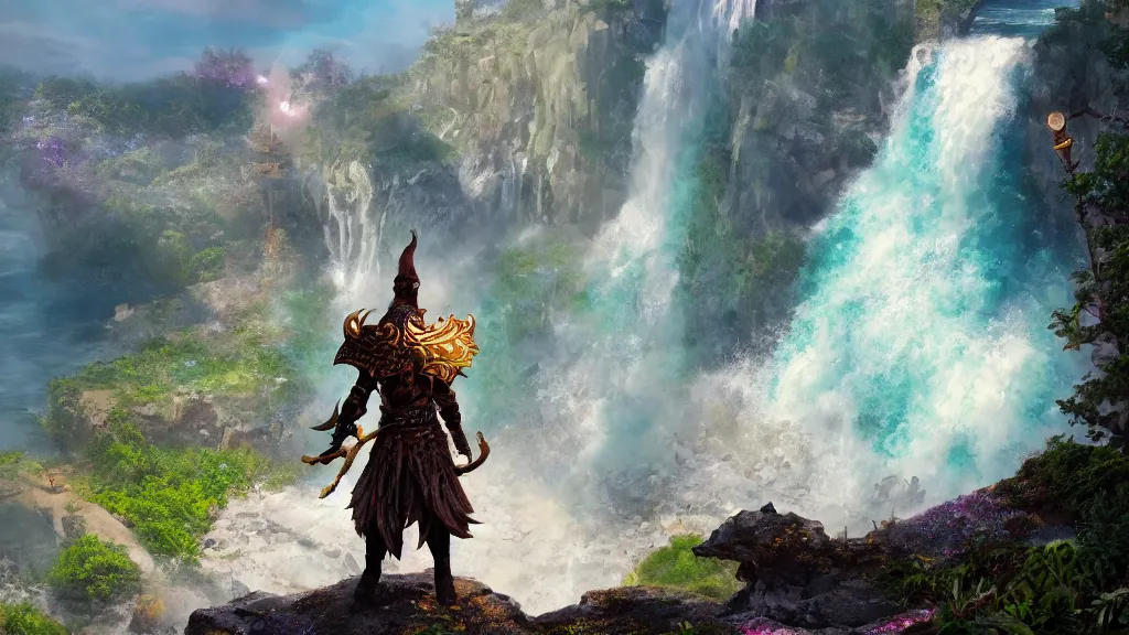 Prompt: A Fantasy Warrior, standing on a cliffside, beside a beautiful colourful waterfall, over looking a large Fantasy city in the middle of the ocean, trending artstation, 8k, highly detailed, matte painting, concept art, over the shoulder camera