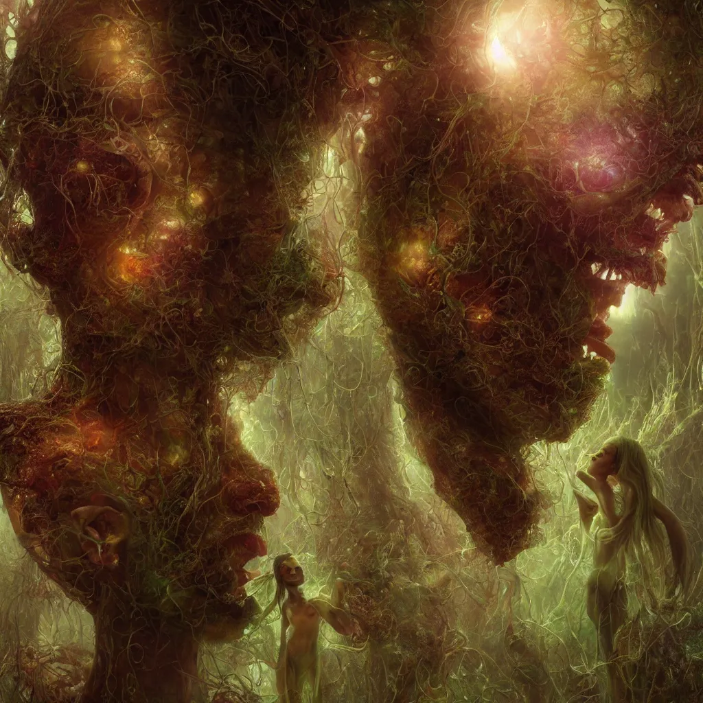 Image similar to extremely detailed cinematic movie still portrait of glowing fairies eat magic mashrooms hyperreal skin face by denis villeneuve, wayne barlowe, simon birch, marc simonetti, philippe druillet, beeple, alex grey bright volumetric sunlight, rich moody colors, closeup, bokeh