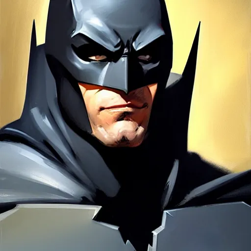 Image similar to Greg Manchess portrait painting of Batman as Overwatch character, medium shot, asymmetrical, profile picture, Organic Painting, sunny day, Matte Painting, bold shapes, hard edges, street art, trending on artstation, by Huang Guangjian and Gil Elvgren and Sachin Teng