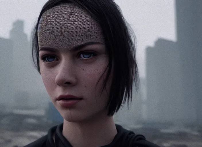 Prompt: cinestill 5 0 d photographic portrait of loving female androids wearing rugged black mesh techwear in a desolate american city, extreme closeup, modern cyberpunk, dust storm, 8 k, hd, high resolution, 3 5 mm, f / 3 2, ultra realistic faces, ex machina