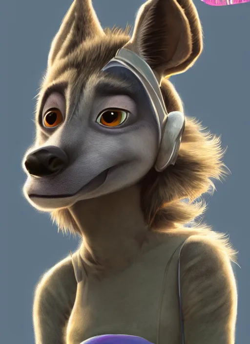 Image similar to digital detailed full body of anthromorphic female hyena, in style of zootopia, zootopia, zootopia, fursona, furry, furaffinity, 4 k, deviantart, furry art, fursona art, wearing astronaut outfit, in style of zootopia, hyena fursona, cyberpunk, female, stylized face,