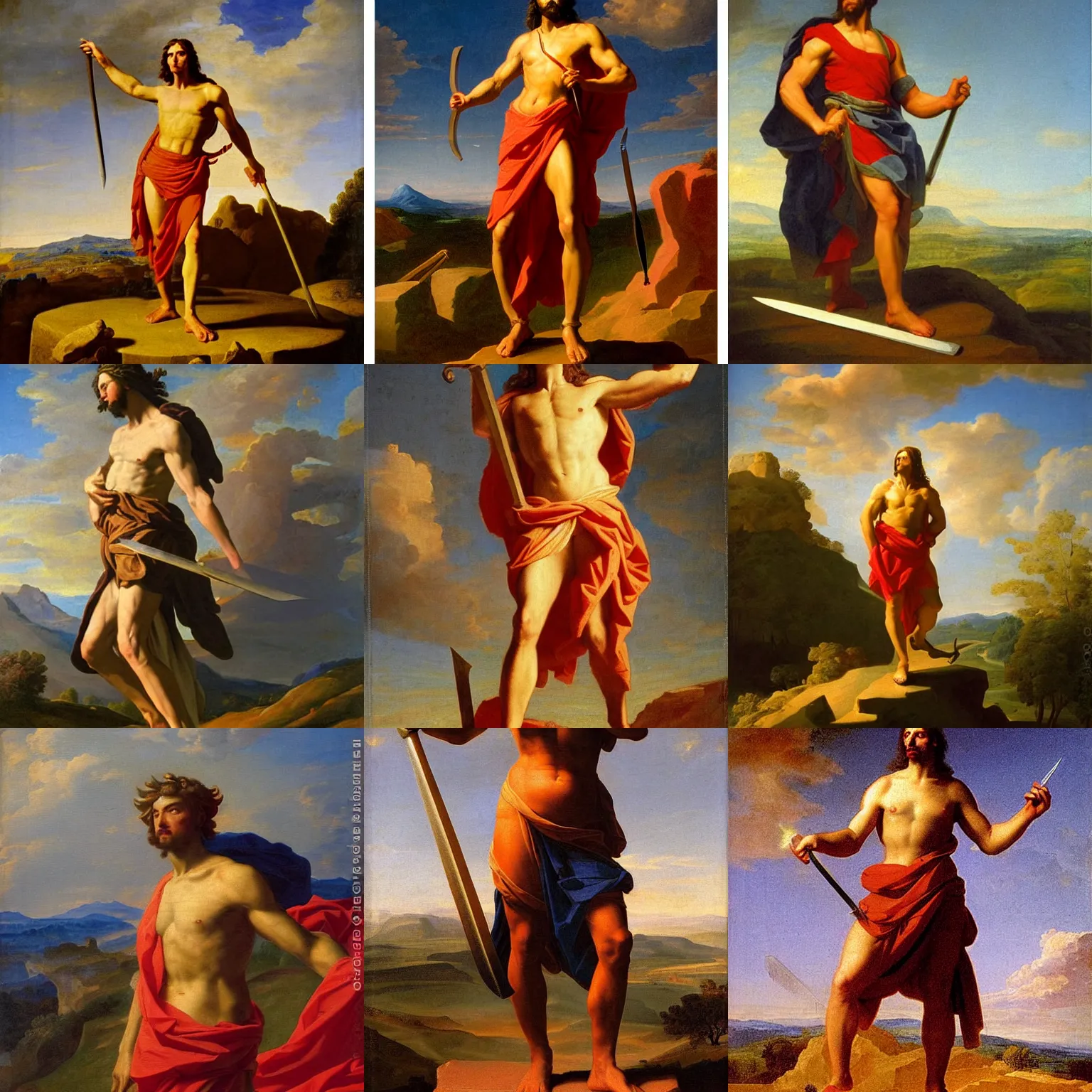 Prompt: Figure of an ancient hero standing on a hilltop in the sunlight with a sword of fire by Nicolas Poussin and Laurent de La Hyre, ultra detailed, oil painting, mythological painting, Renaissance,