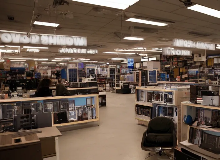 Prompt: cinematic wide shot of backlit windows of a narrow used electronics store, octavia spencer wanders the messy aisles, keyboards, iconic scene from the paranoid thriller sci fi film directed by pt anderson, anamorphic cinematography, beautiful composition, color theory, leading lines, photorealistic, volumetric lighting