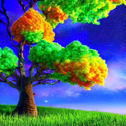 Prompt: A luminous tree of colorful fruits in the sky, 8k, hyper realistic, insainly detailed, HDR, octan render