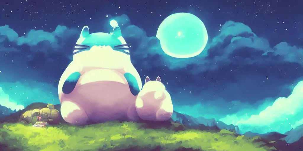 Image similar to giant glowing snorlax totoro, mountain landscape, night sky, digital art, digital painting, celestial, majestic, colorful