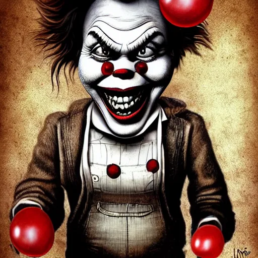 Prompt: surrealism grunge cartoon portrait sketch of the lost man with a wide smile and a red balloon by - michael karcz, loony toons style, pennywise style, chucky style, horror theme, detailed, elegant, intricate