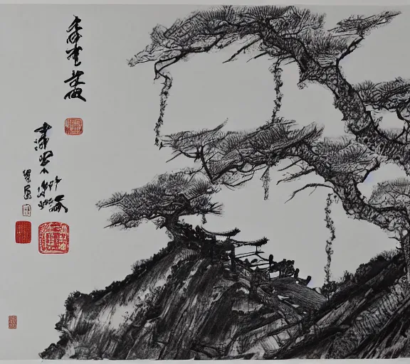 Image similar to ink painting of a chinese bridge by george tsui, gu kaizhi, tsutomu nihei