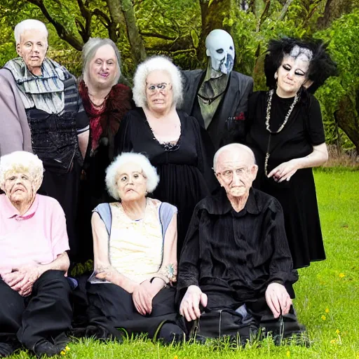 Image similar to an old age home for geriatric goths. photograph group portrait.