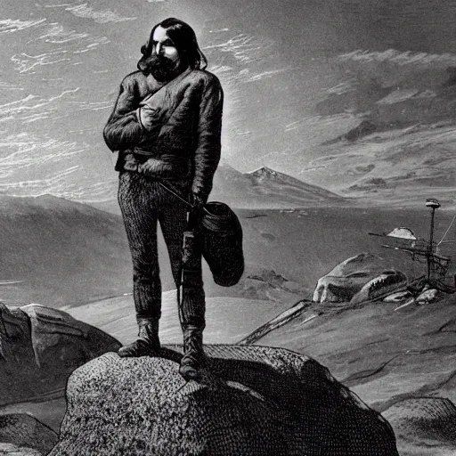 Prompt: 19th century scruffy american trapper, standing atop boulder overlooking expanse, sphinx in distance, pulp science fiction illustration