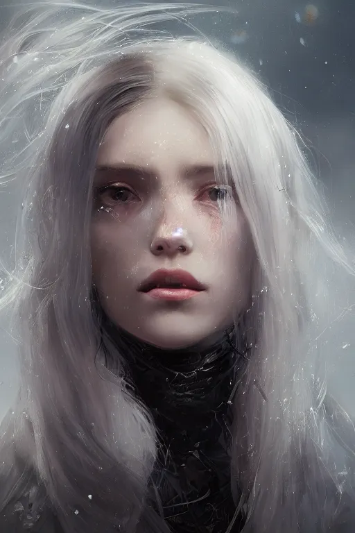 Image similar to a fancy portrait of a young beautiful girl with long white hair by greg rutkowski, sung choi, mitchell mohrhauser, maciej kuciara, johnson ting, maxim verehin, peter konig, bloodborne, 8 k photorealistic, cinematic lighting, hd, high details, dramatic, dark atmosphere, trending on artstation