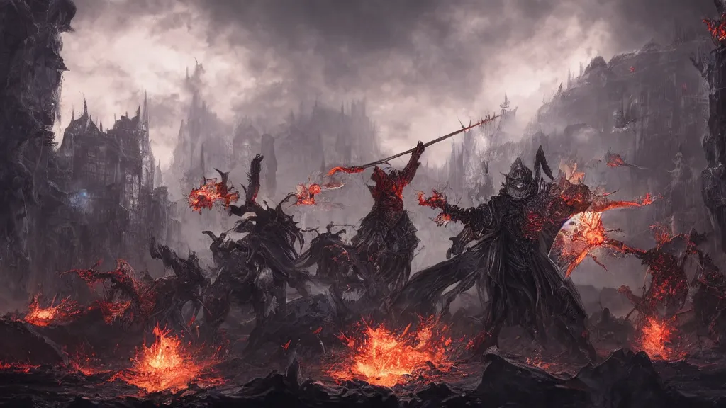 Prompt: Gwyn lord of cinder fighting the chosen undead, concept art, matte painting, 8k, highly detailed, artstation