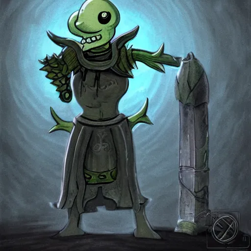 Prompt: squidward as a dark souls boss by Stephen Mcmennamy