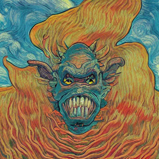 Image similar to whimsical silly detailed painting of a terrifying demon, in the style of studio ghibli and moebius and claude monet and vincent van gogh