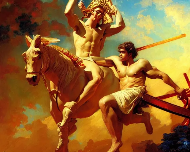 Image similar to attractive apollo greek god, riding his fire chariot. highly detailed painting by gaston bussiere, craig mullins, j. c. leyendecker 8 k