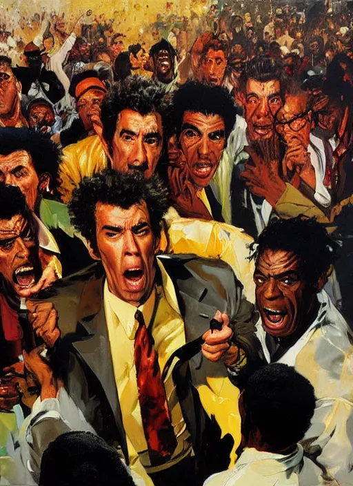 Prompt: kramer!! michael richards holding microphone in the middle of a horde of african americans, rioting, kramer torn apart painting by phil hale, 'action lines'!!!, graphic style, visible brushstrokes, motion blur, blurry