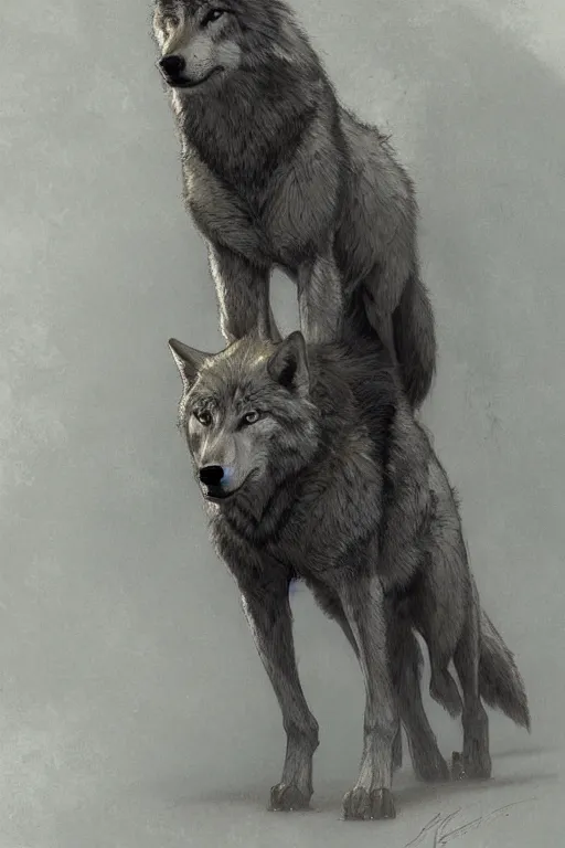 Image similar to concept art of a gray wolf, standing pose, intricate, elegant, highly detailed, digital painting, artstation, concept art, smooth, sharp focus, illustration, art by krenz cushart and artem demura and alphonse mucha