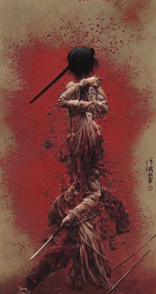 Image similar to Japanese schoolgirl runs away from Samurai with a katana on the subway, high detailed Beksinski painting, part by Adrian Ghenie and Gerhard Richter. art by Takato Yamamoto. masterpiece, deep colours, red