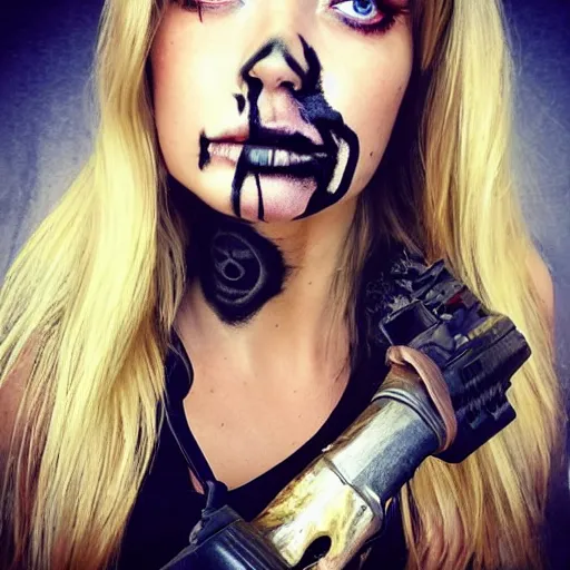 Image similar to in the style of artgerm, Samara Weaving with skull paint on her face, full body, holding a shotgun